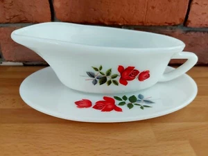 JAJ Pyrex June Rose Red Gravy Sauce Boat & Saucer Vintage - Picture 1 of 12