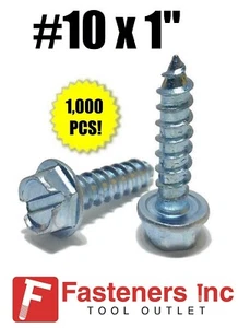 (Qty 1000) #10 x 1" Hex Washer Head Slotted Sheet Metal Screw Zinc Plated - Picture 1 of 2