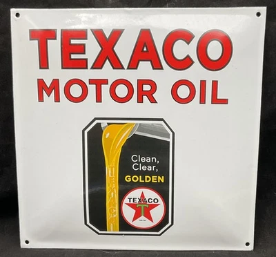 LETRERO DE GASOLINA TEXACO ACEITE DE MOTOR DORADO TRANSPARENTE LIMPIO Porcelana Esmalte Pesado @W Foto 1 de 4