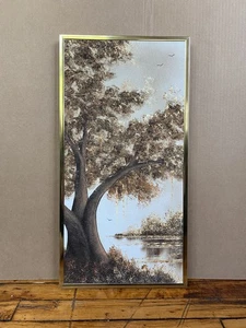 Vintage C. Lewis Perez Zypresse Baum am See 3D Textur Gemälde signiert 24"x13" - Bild 1 von 11