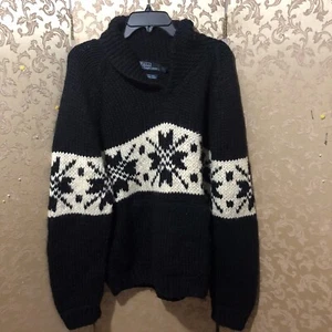 POLO Ralph Lauren Black Ivory Snowflake Fair Isle Hand Knit Sweater Size XL - Picture 1 of 4