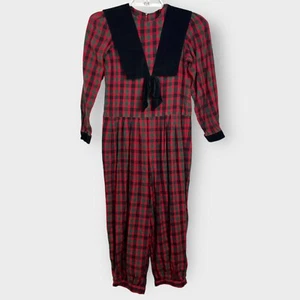 VTG Maggie Breen Girl's Size 10 Jumpsuit Christmas Tartan Red Plaid Velvet Bib - Picture 1 of 5