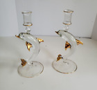 Clear Glass Dolphin Candle Holders Set of Two Gold Painted Trim Home Decor