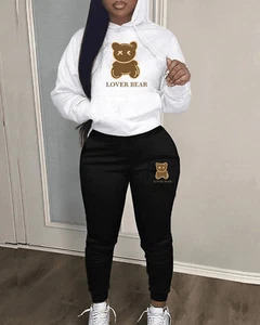 Conjunto de 2 trajes de chándal con capucha para mujer pantalones de chándal estampado de oso traje de moda - Imagen 1 de 28