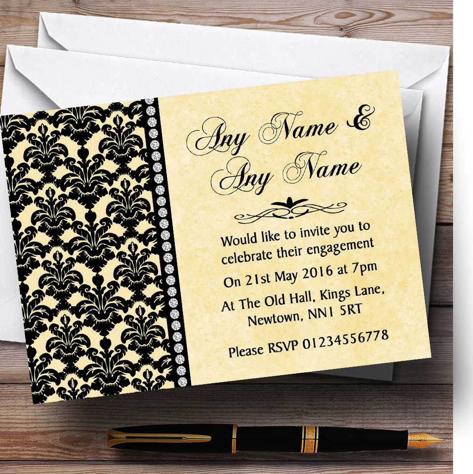 Yellow Black Damask & Diamond Personalised Engagement Party Invitations - Image 1 of 1