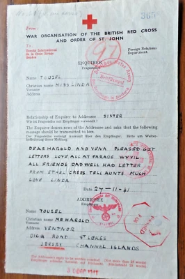 Jersey UK Red Cross message 1941 to Jersey and reply with Berlin censor - Image 1 of 2