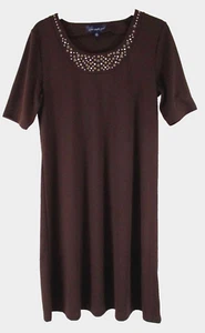 Susan Graver Sheath Dress Embellished Sz Medium Brown Short Sleeve Womens CB14U - Picture 1 of 4