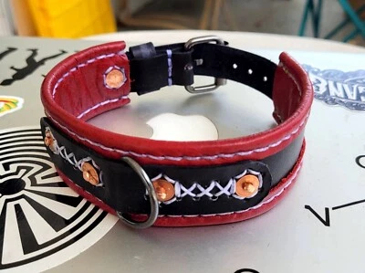 Hand Made Solid Veg Tanned Red on Black Leather Memosa Dog Collar or Rollplay - Image 1 of 4