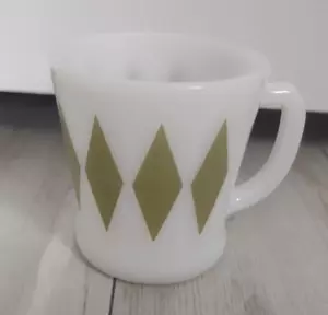 Vintage Fire King Anchor Hocking Green Diamond Harlequin D Handle Milk Glass Mug - Picture 1 of 6