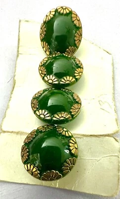 4 botones vintage de vidrio verde bosque con elegante diseño de borde de pétalo dorado. NOS Foto 1 de 2