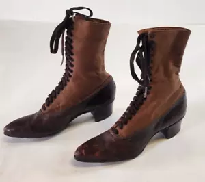 ANTIQUE VICTORIAN LADIES WOMENS LEATHER & CANVAS HIGH TOP LACE UP BOOTS - Picture 1 of 10