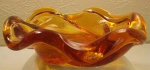 Vintage schwerer Kunstglas gelb Bernstein Aschenbecher/Bonboniere strukturierter Boden - Bild 1 von 5