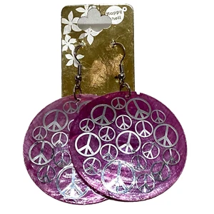 Peace Sign Sea Shell Women's Dangle Earrings Purple Silvertone Beach Cruise - Picture 1 of 7