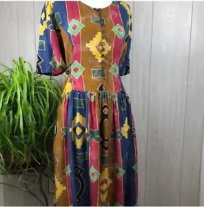 Abito midi nuovo senza etichette vintage fatto a mano cravatta schiena bottoni manica corta fantasia è - Foto 1 di 11