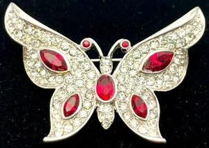 Vintage Attwood Sawyer Butterfly Brooch Rhinestones Clear Ruby Red SIGNED A&S - Picture 1 of 8