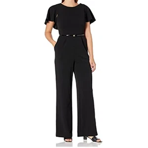 Mono para mujer Calvin Klein con cinturón y manga caplet, negro 2 nuevo - Imagen 1 de 2