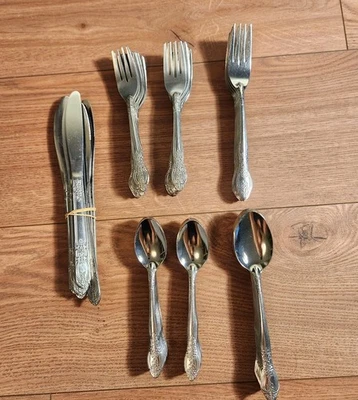 Vintage Rogers Co. 82 Piece Rose Flower Stainless Flatware Service For 11-12 - Image 1 of 4