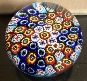 Vtg Murano Style Glass Paperweight Millefiori Concentric 4” Red Blue White - Picture 1 of 22