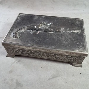 Vintage Silver Plated Cigarette Trinket Box, Embossed Pistol Lid, lining missing - Picture 1 of 12