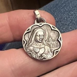 Antike französische Medaille Katharina Sienna Silber 3/4" Halskette Charm Anhänger religiös - Bild 1 von 21