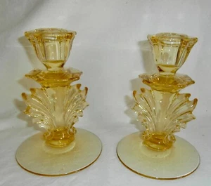 PAIR Vintage Fostoria BAROQUE TOPAZ YELLOW 6" CANDLESTICKS CANDLE HOLDERS - Picture 1 of 6