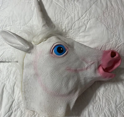 Creepy Party Animal White Unicorn Mask Full Head Cover - Image 1 of 4