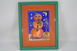 VTG Pumpkin Trio Halloween Framed Original Watercolor Painting Sharon Neuhaus TX - Picture 1 of 7