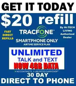 TRACFONE $20 ⭐ UNLIMITED SMARTPHONE REFILL ✅ DIRECT TO PHONE ⚡ GET IT TODAY! - Picture 1 of 3