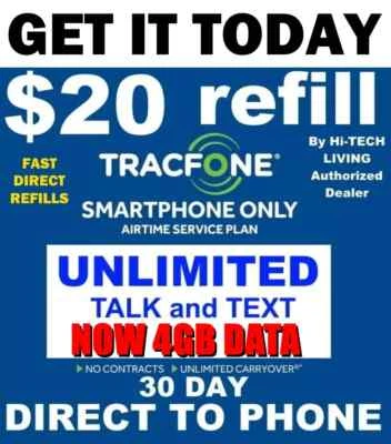 TRACFONE $20 ⭐ UNLIMITED SMARTPHONE REFILL ✅ DIRECT TO PHONE ⚡ GET IT TODAY! - Image 1 of 3