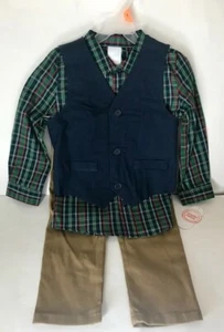 Toddler Boys Dressy 3 Piece Set Green Plaid Shirt Blue Vest Khaki Pants 4T-5T - Picture 1 of 3