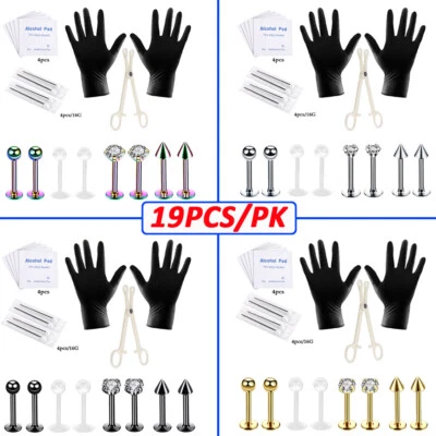 19PCS Body Piercing Kit Stainless Steel Lip Ring Labret Stud Needle Tool Set 16G - Image 1 of 4