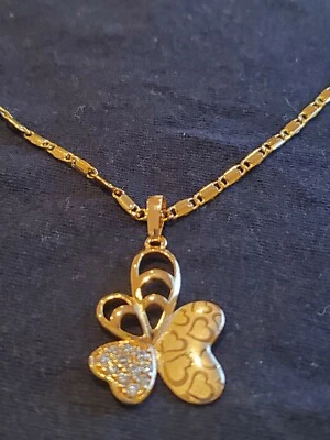 Yellow Gold Plated Butterfly Hearts Crystal Pendant Charm Necklace Holiday Gift - Image 1 of 4