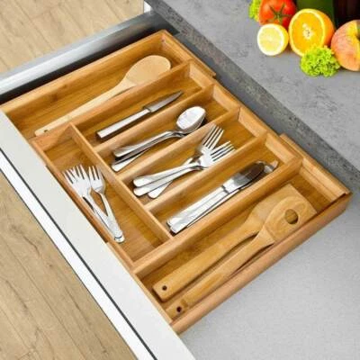 BAKAJI Portaposate Estensibile da Cassetto Cucina Porta Posate in Legno Bambu 37x31cm