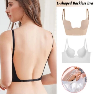 Push Up Bra Backless Bra Women Low Back Bra Wire Lifting Deep U Shaped Plunge - Picture 1 of 22