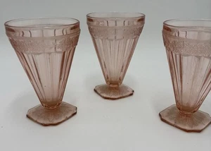 VINTAGE PINK DEPRESSION GLASS RIBBED SIDES FLORAL DESIGN DESSERT CUP Set Of 3 - Picture 1 of 6