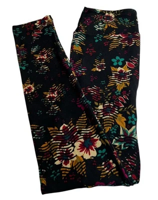 LuLaRoe Leggings OS One Size Floral BURGUNDY RED Retro ROSE Geometric Fun Stripe - Image 1 of 4