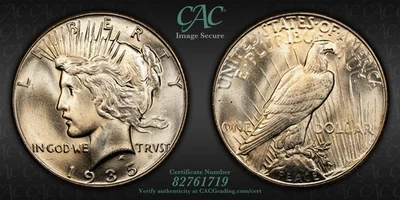 1935 PEACE DOLLAR - MS64+ CAC - FLASHY LUSTER - BEAUTIFUL RARE COIN POP.3- #377 - Image 1 of 4
