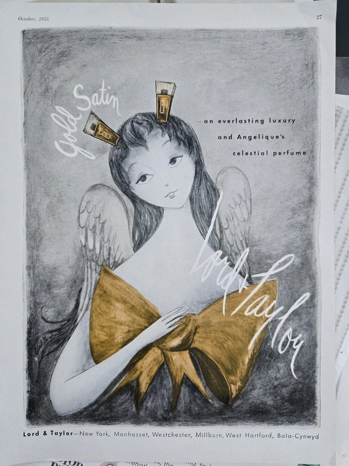 1955 Angelique Gold Satin Celestial perfume Lord & Taylor vintage Angel Art ad - Image 1 of 1