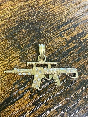14K Gold Tone Iced CZ Machine Gun Pendant Hip Hop Brass Plated Fashion Jewelry - Image 1 of 4