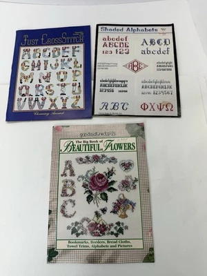 Lot Of 3 Cross Stitch Pattern Leaflets Alphabets Nursery Clowns Flowers Shaded - Image 1 of 4
