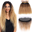 Blonde Kinky Curly Human Hair Bundles With Frontal Ombre 13*4 Lace Frontal Hair