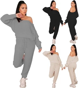 Ladies 2Pcs Top Bottom Set Loungewear Women's Knitted Off The Shoulder Tracksuit - Picture 1 of 8