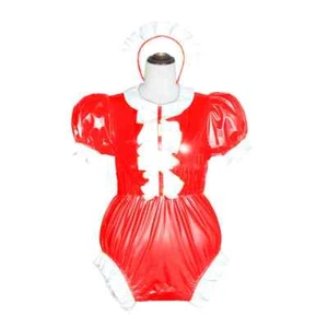 Puff Kurzarm Cosplay Kostüm Sexy Wetlook PVC Bodysuit Hochgeschnittener Jumpsuit - Bild 1 von 13