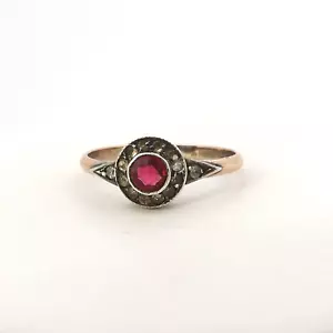 Georgian 800 Silver Gold Vermeil Rose Cut Synthetic Ruby Diamond Ring - Picture 1 of 7