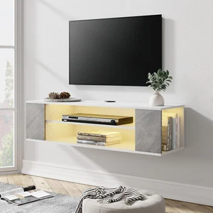 White Floating TV Stand with Yellow LED Lights Wall Mounted Shelf Entertainment - Picture 1 of 6