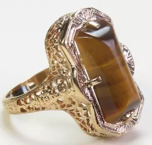 Antique 1920's Tiger's Eye 13K Rose Gold Filigree Ring Size 8 Art Deco - Picture 1 of 17