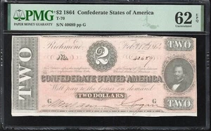 T-70 1864 $2 MONETA CONFEDERATA PMG 62 EPQ 40689 - Foto 1 di 2