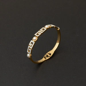 Goldfarben Edelstahl Armband Armreif Griechisch Muster Perlen Strass Damen - Bild 1 von 6