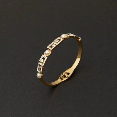 Goldfarben Edelstahl Armband Armreif Griechisch Muster Perlen Strass Damen - Bild 1 von 4