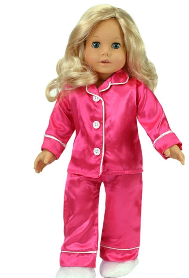 Sophia's Hot Pink Satin Pajama Set with Fuzzy White Slippers for 18" Dolls